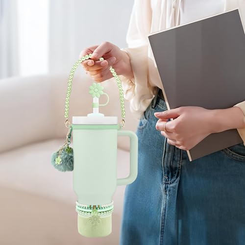 Hpebl 11pcs Cup Accessories for Stanley Cups 40/30oz,Including Straw Topper Cover 10mm(0.4in),Silicone Cup Boot,Handle Strap, Handle Charms for Stanley Cups Tumbler Accessories with Handle (Green) — view 4
