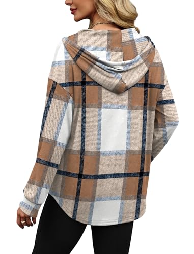 Sampeel Womens Tops Hooded Sweater Fall Fashion 2025 V Neck Hoodies Casual Tunic Winter Clothing Thanksgiving Shirts Brown Plaid M — view 5
