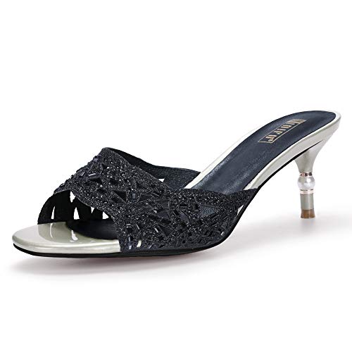 IDIFU Womens Silver Gold Wedding Shoes for Bride Bridesmaid Low Kitten Peep Toe Heels Dress Sandals Glitter Formal Slide…
