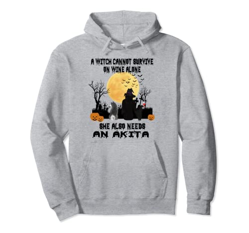 Witch Wine And Akita Dog Mom Funny Halloween Costume Sudadera con Capucha