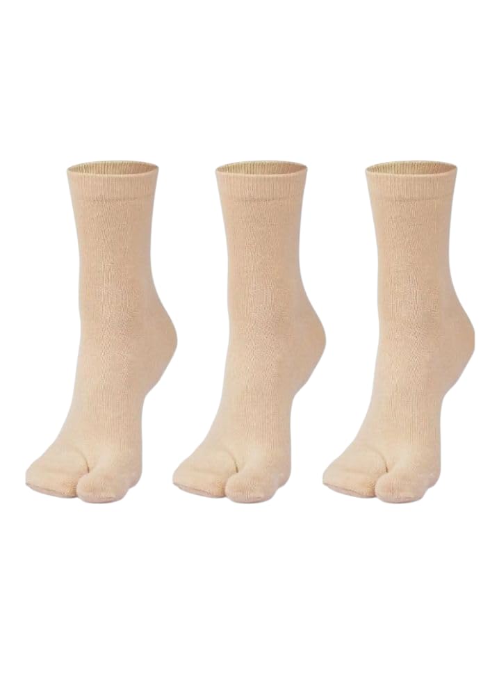 Cotton Ankle Length Socks with Thumb Toe Design, Pack of 3 Pairs, Beige-image-38