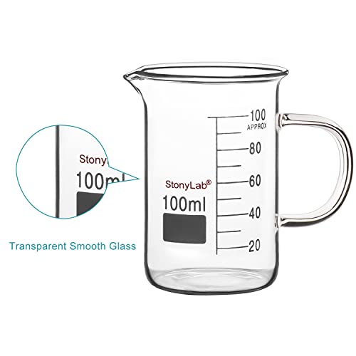 Image of stonylab Glass Beaker with Handle, Borosilicate Glass Graduated Low Form Griffin Beaker with Handle and Pouring Spout, 100 ml (Pack of 2)