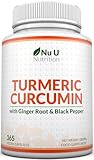 Turmeric and Black Pepper with Ginger Complex - 365 Vegan Capsules - 1 Year Supply - Tumeric Supplement Joints - High Strength Curcumin 95% Extract - Nu U Nutrition