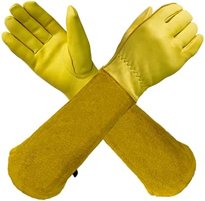 AOUCHI Long Leather Gardening Gloves for Women Men Kid, Breathable Cowhide Rose Pruning Thorn Proof Gloves with  Forearm Protection, Sheepskin Palms Cowhide Sleeves Garden Yard Safety Work Gloves