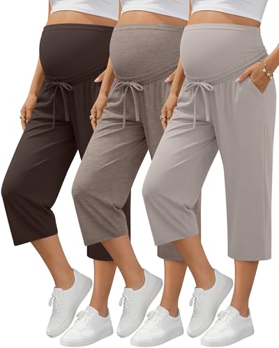 Sweetyweee 3 Pack Maternity Capri Pants Soft Over The Belly Knit Pregnancy Pants Loose Stretchy Lounge Pajama with Pockets(Dark Brown Light Coffee Grayish Apricot Large)