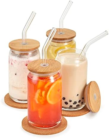 Amazon.com | Whaline Drinking Glasses with Bamboo Lids and Glass Straw ...