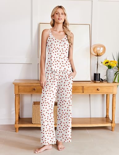 Image of Ekouaer Womens Y2K Cami Pajama Set with Flare Pants, 2 Piece Lace Trim Sleepwear Spaghetti Strap Pjs Set XS-2XL