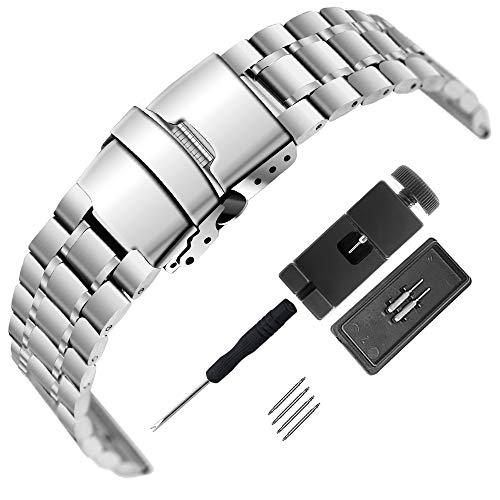 Mirror Surface Stainless Steel Watch Band FERNBE 18mm 20mm 22mm 24mm Strap Metal Replacement Bracelet with Double-Button safety Clasp for Men's Women's Watch Black Silver