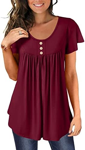 Womens Summer Tops Ruffle Short Sleeve T-Shirts Henley Round Neck Buttons Up Casual Blouse Tunic Shirt for Women