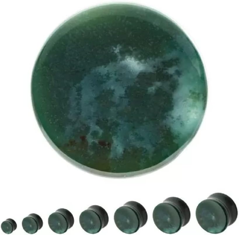 Pierced Owl Green Indian Agate Stone Concave Double Flared Plug Gauges, Sold as a Pair