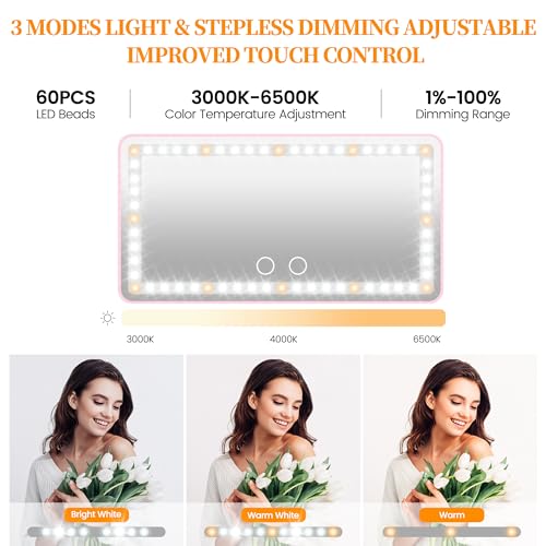 Image of Car Sun Visor Vanity Mirror with Lights, Pink Rechargeable Car Makeup Mirror Accessories, Birthday Gifts for Women Girl, 3 Light Modes, Dimmable Touch Led Screen, Universal for Car Truck