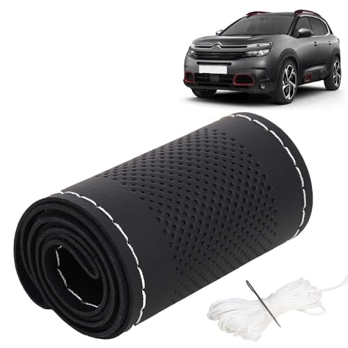 Image of KINGSWAY PU Leatherite Car Steering Cover Sewable Compatible with Citroen C5 Aircross (Year 2021 Onwards), Black Color with Silver Thread, Pack of 1 with Sewing Needle and Thread