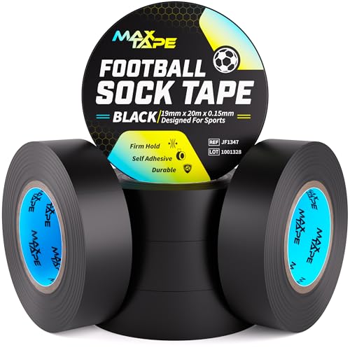 Max Tape Football Sock Tape Shin Pad Tape Bandage 19mm x 20m Pack of 6 (Black)