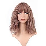 FAELBATY Brown Wig With Bangs Synthetic Cosplay Bob Wig loose wave wig for women Costume Wigs (12' Dark Purple Color)