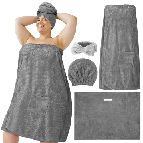 Tigeen Plus Size Towel Wrap for Women Spa Robe Set with Shower Hair Drying Turban Cap Towel Headband Adjustable Bathrobe (Gray,Xxl-4xl)
