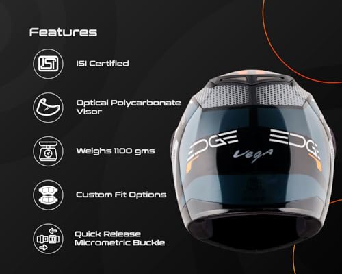 Image of Vega Edge DX Passion Full Face Riding Helmet with Lightweight Shell, Comfortable Liner, Shock Absorbing Interior, Ventilated Fit, Aerodynamic Build, and Modern Black Orange Styling Black Orange-M