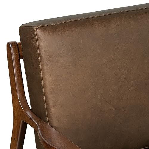 Image of Poly & BARK Verity Leather Accent Chair - Armchair with Walnut Wood Frame - Fashion-Forward Lounge Seating for Living Room - Upholstered in Cocoa Brown Leather for Modern Style