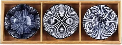 Zxyler セラミック・陶器小皿セット 竹製トレイ付きで仕切り収納便利 小さい皿・豆皿・小鉢・前菜皿・ソース皿兼用 果物盛り・ディップ・アイスクリーム・調味料用に最適 末広がりデザインでおしゃれ 小物収納・盛台としても活用 家庭・カフェ・レストラン食器セ