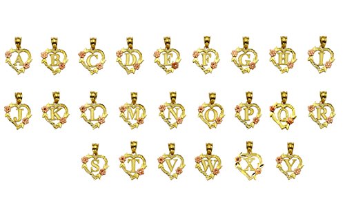 10K Yellow Gold Alphabet Initial Charm Necklace Pendant with Beautiful Heart and Rose Border3