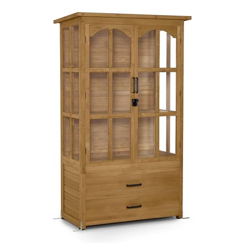 M MCombo Gartenschrank Gartenhaus Holz Wetterfest, Geräteschrank Gerätehaus Outdoor, für Außenbereich Balkon Terrasse, Gartenhütte mit 2 Bewegliche Regale, 58×107×180 cm, 1155 (Natur)