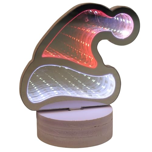 Mr Crimbo Mini Santa Hat Christmas Infinity Mirror Light with Colour Changing LED Illusion, Double-Sided Festive Design, 15cm Freestanding Decoration, Battery Operated Xmas Ornament for Home Display