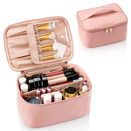 Travel-Makeup-Bag-Portable-Cosmetic-Bag-with-Makeup-Brush-Organiser-Large-Capacity-Make-up-Case-Water-Resistant-Toiletry-Bag-for-Women-Travel-Essentials-Pink