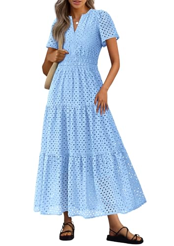 PRETTYGARDEN Womens 2025 Summer Maxi Dress Short Sleeve V Neck Hollow Out Eyelet A Line Long Flowy Beach Vacation Dresses (Light Blue,Large)