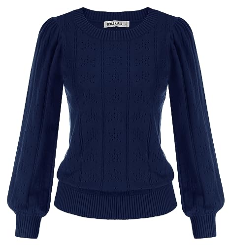 Image of GRACE KARIN Fall Sweaters for Women 2026 Puff Long Sleeve Crewneck Dressy Casual Tops Crochet Hollow Out Cute Pullover Blouse
