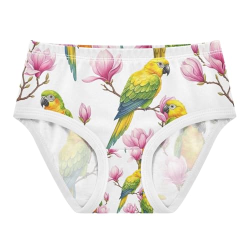 Yellow Green Parrots Pink Magnolia Girls Panties, Toddler Briefs, Cotton Girls Underwear, 2–8 Years