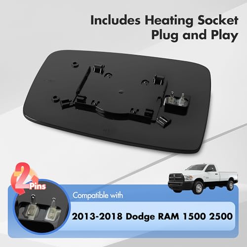 SNEMEEY Compatible with Dodge Ram 1500 2500 Driver Side Mirror Glass, 2013 2014 2015 2016 2017 2018 - Left Side Replacement Tow Mirrors, Power Heated, Chrome, with Rear Holder, 68079362AA - Thumbnail 2