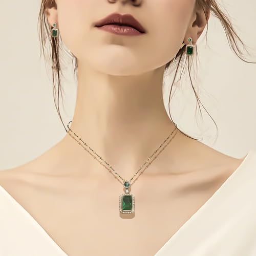 Lonbamu Women Jewelry Set Rhinestone Zircon Emerald Pendant Necklaces & Earrings Set 925 Sterling Silver Created thumb #1