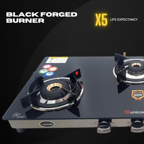 Image of Unicook Ultra Slim 3 Burner Gas Stove | Auto Ignition | Forged Brass Burners | 6mm Glass Cooktop | ISI Certified | 3 Years Warranty on Glass & Burners + 2 Year Comprehensive Warranty