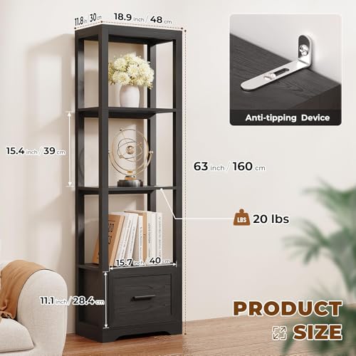 Display Shelf with 3 Color Light, Bookshelf with Drawer, Dimmable Display Cabinet for Collectibles, Bookcase, Display Case for Books, Trophies, Toys, Black - Image 3