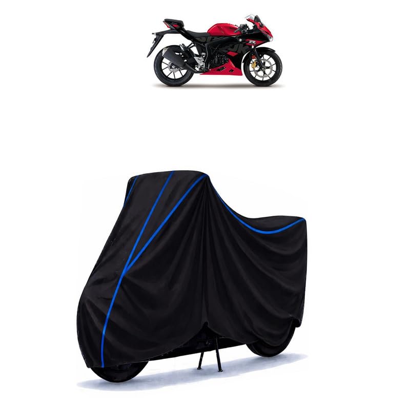 Image of Suzuki GSX-R125 Bike Cover Water Resistant Universal Motorcycle Rain | Heavy Duty UV Protection, Dust, Scratch Indoor Outdoor All Weather with Black Blue Piping Elastic