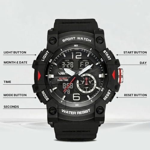 Image of V2A Stryke 50mm Analog Digital Watch for Men | Rugged Guard Bezel Design | Alarm Stopwatch Backlight | TPU Sport Strap | 50M Water Resistant Outdoor Watch | Gift for Mens
