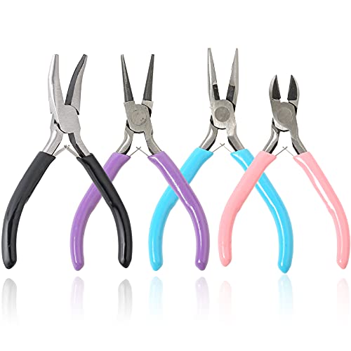 4 Pack Jewelry Pliers Jewelry Making Pliers Tools Kit with Needle Nose Pliers/ Chain Nose Pliers, Round Nose Pliers, Bent Nose Pliers, Wire Cutters for Wire Wrapping Earring Craft Making Supplies