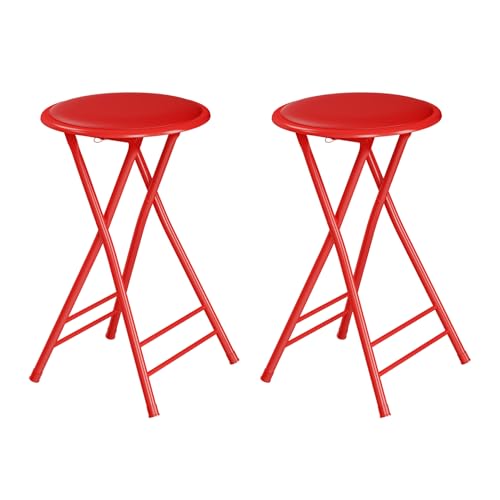 Image of Lavish Home Folding Stool - Set of 2 Counter Height Bar Stools - 24-Inch Backless Folding Chairs with 225lb Capacity for Kitchen, Rec Room, or Game Room (Red)