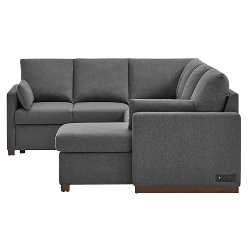 Image of Serta Emmett 110.2 inch Convertible Sleeper Sectional, Queen Size, Dreamcoil Comfort, Reversible Storage Chaise, USB-C and USB-A Power Ports, Woven Fabric, Charcoal