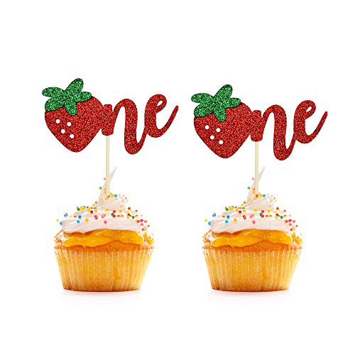 Blingabc 24Pcs Strawberry One Cupcake Toppers, Glitter Strawberry One Cake Decorations For 1 Year Old Birthday 1St Anniversary, Strawberry Theme Party Decorations Supplies #TOP6