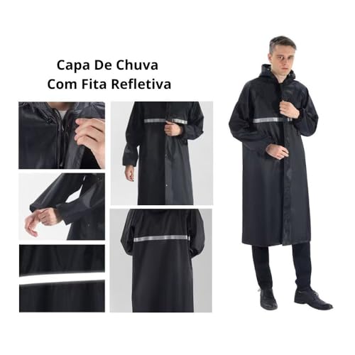Capa de Chuva Longa Impermeável com capuz Com Visor Adulto faixa refletiva Masculino Feminina