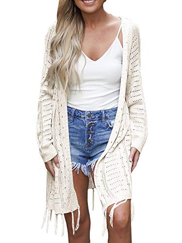 Cardigan For Women 2023 Lightweight Knit Open Front Hollow Out Crochet Tassel Kimonos Long Sleeve Fall Loose Sweater Cover Up White #TOP23