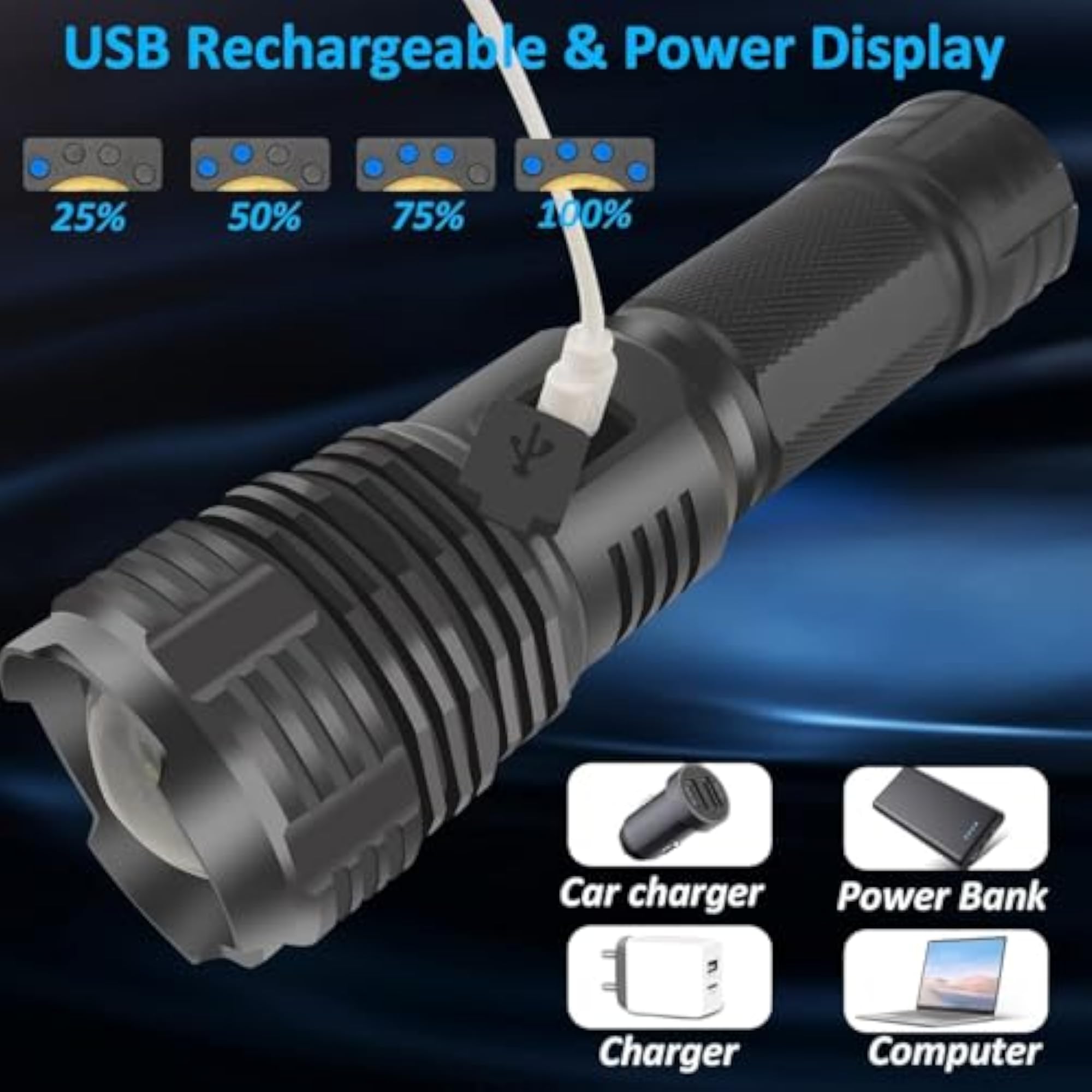 Rechargeable 90000 Lumen Tactical Flashlight, 5 Modes
