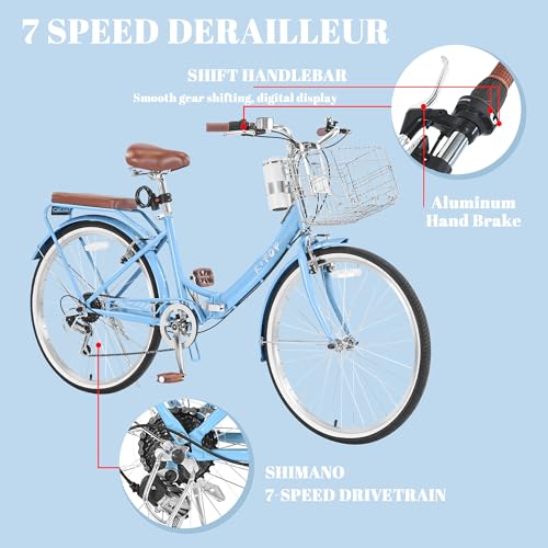 Image of 24 /26 Inch Folding Beach Cruiser Bike for Women, 7-Speed Foldable Bicycle with Basket & Cup Holder, Adult Commuter Bike with Adjustable Seat, Dual V-Brake System