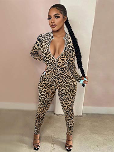 Lagshian Women's Sexy Casual Long Sleeve V Neck Zipper One Piece Bodycon Jumpsuit Goldleopard #TOP5