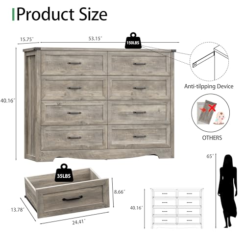 Image of Dresser for Bedroom with 8 Drawers, 54 inch Wide Wood Chest of Drawers with Deep Drawers & Mental Handle, Modern Dresser TV Stand, Wooden Closet Storage Organizer for Living Room, Hallway, Entryway, Grey