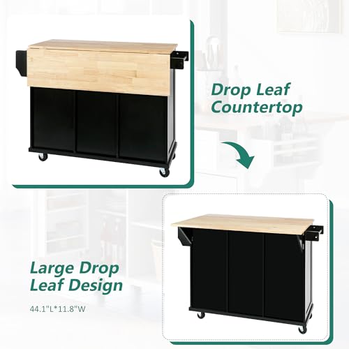 LUMISOL Rolling Kitchen Island with Drop Leaf, Kitchen Cart on Wheels with 3 Drawers and 2 Cabinets, Wood Portable Trolley Island with Door Storage Racks, for Dinning Room, Black