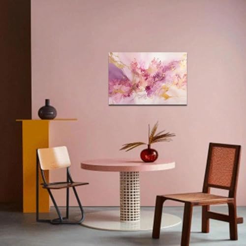 Impression sur toile abstraite marbre rose et or 80x180cm cadre doré