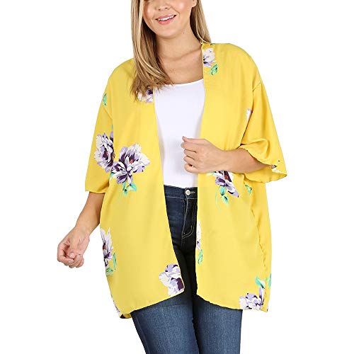 LoveCurvy (C2273S PRT) Plus Size Women's 1/2 Sleeves Multi Print Open Kimono Cardigan (Yellow Floral(YF), 2X) Hawaii 