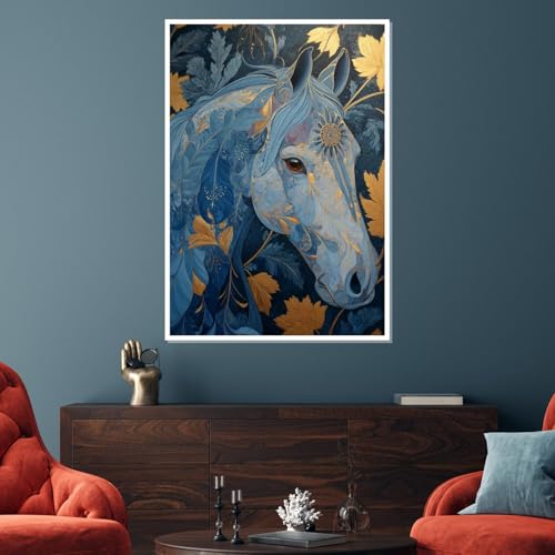 Tableau de cheval bleu moderne 60x90 cm sur toile imprimée pour salon