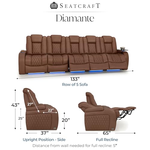 Image of Seatcraft Diamante Tobacco Italian Leather Home Theater Seating, Zero Gravity Power Recliner Gaming and Home Office Chair, Powered Headrest Lounge Sofa Furniture for Cinema Room, Row of 5 Sofa